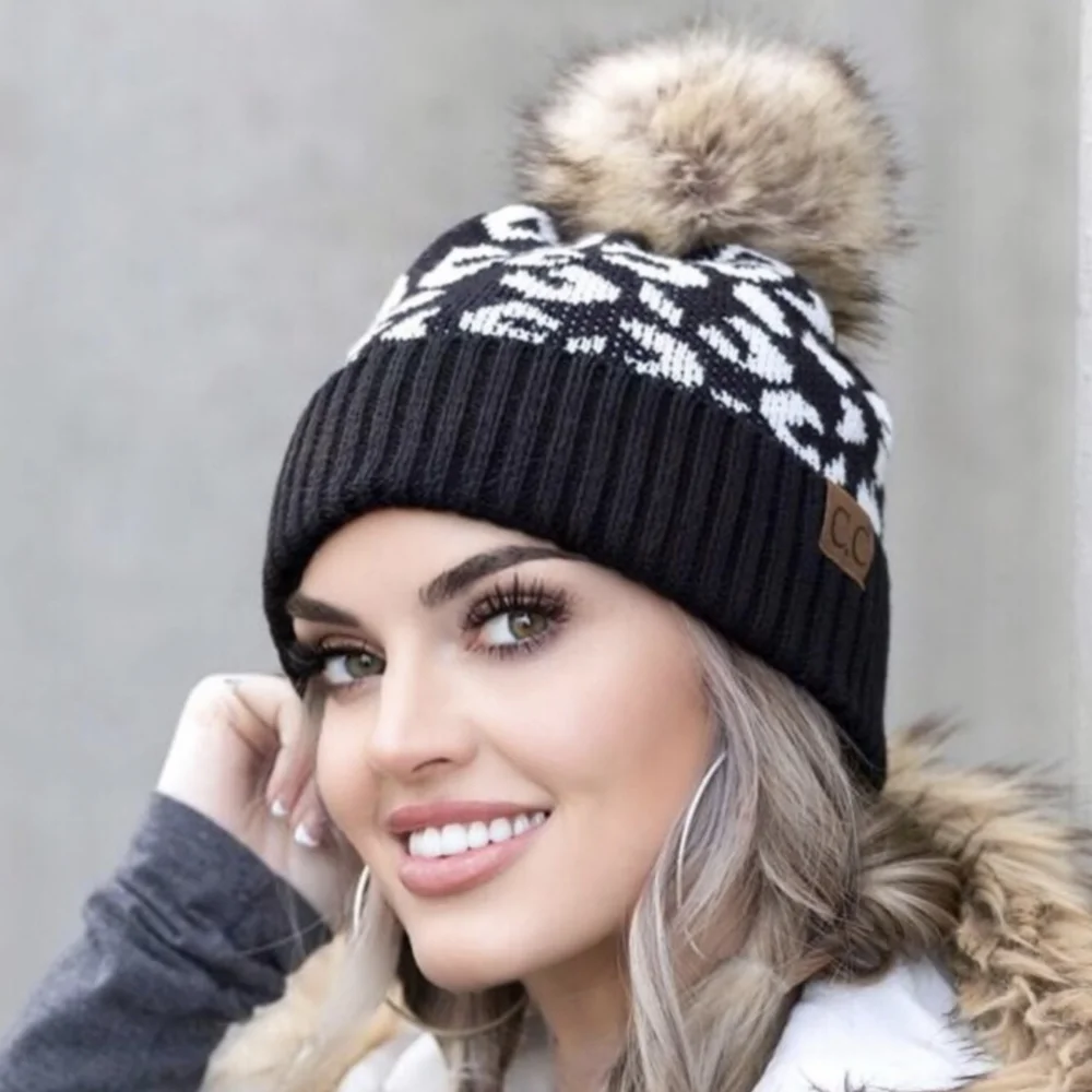 Last Two! Stylish Black and White C.C. Beanie w/Leopard Print & Faux Fur Pom - Picture 1 of 6
